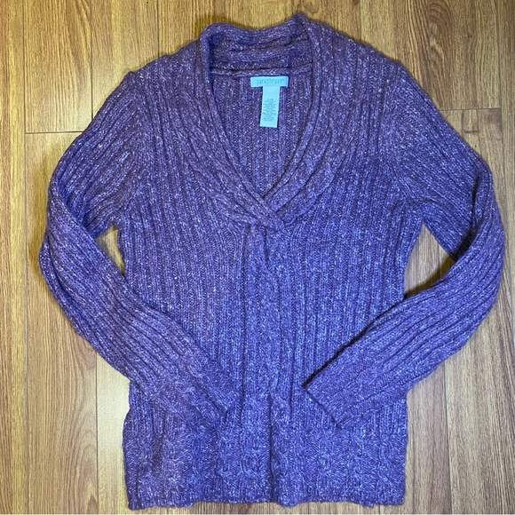 NWOT Paraphrase Purple V-Neck Cableknit Wool Sweater Size Large - Picture 4 of 7